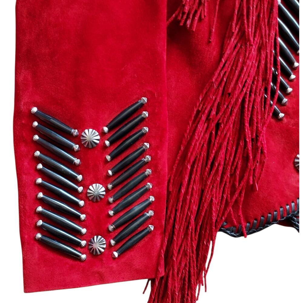 Vintage Cripple Creek Red Suede Leather Western Womens Jacket Beads Conchos Sz L - Picture 4 of 8
